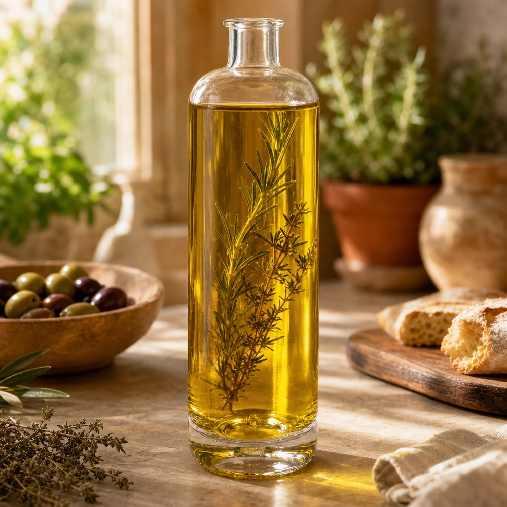 Bouteille en verre Ella de 700 ml remplie d'huile aux herbes sur une table en bois entre du pain aux olives et une décoration de cuisine méditerranéenne