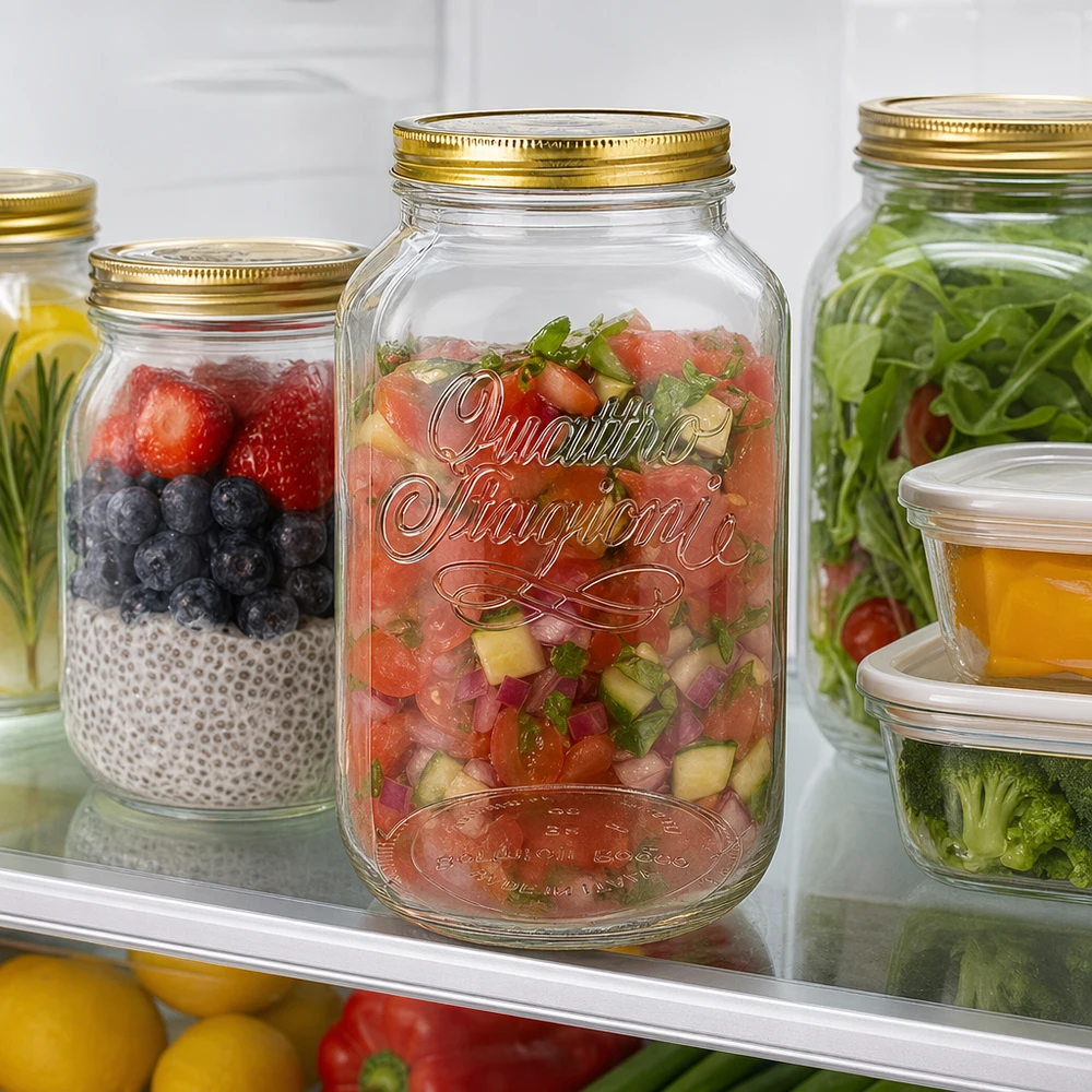 3800ml verre rond « Quattro Stagioni » avec couvercle Quattro Stagioni 3800ml Bocal rempli de salsa et de baies dans le réfrigérateur Meal Prep Conservation