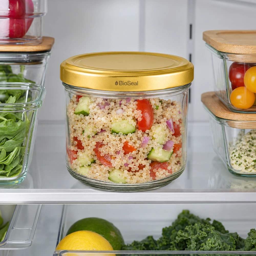 UNiTWIST 260ml Sturzglas mit Quinoa-Salat im Kühlschrank - goldener TO82 BioSeal Deckel für Meal Prep
