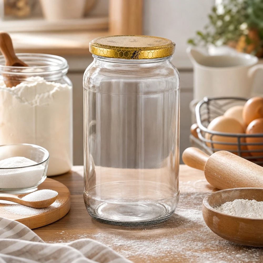 1062ml Verre rond avec couvercle BasicSeal nid d'abeilles UNiTWIST 1062ml bocal rond vide dans scène de cuisine avec ingrédients farine oeufs rouleau à pâtisserie couvercle en nid d'abeille doré bocal à provisions