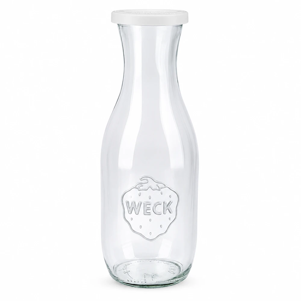 Bouteille à jus de 1 062 ml avec couvercle fraîcheur WECK RR60 WECK Bouteille de jus 1062ml en verre avec couvercle fraîcheur blanc et logo WECK pour jus et boissons