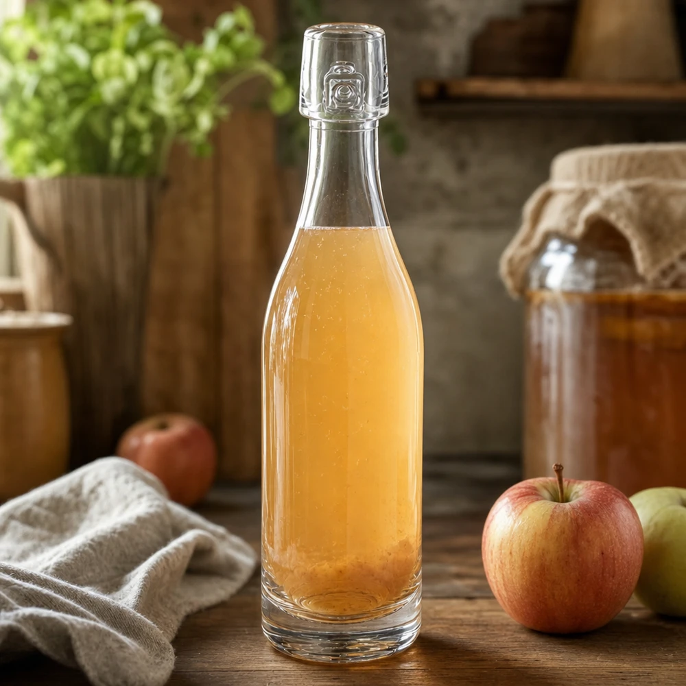 Bouteille en verre 50ml UNiTWIST remplie de jus de pomme à côté de pommes fraîches scène de cuisine rustique fond en bois