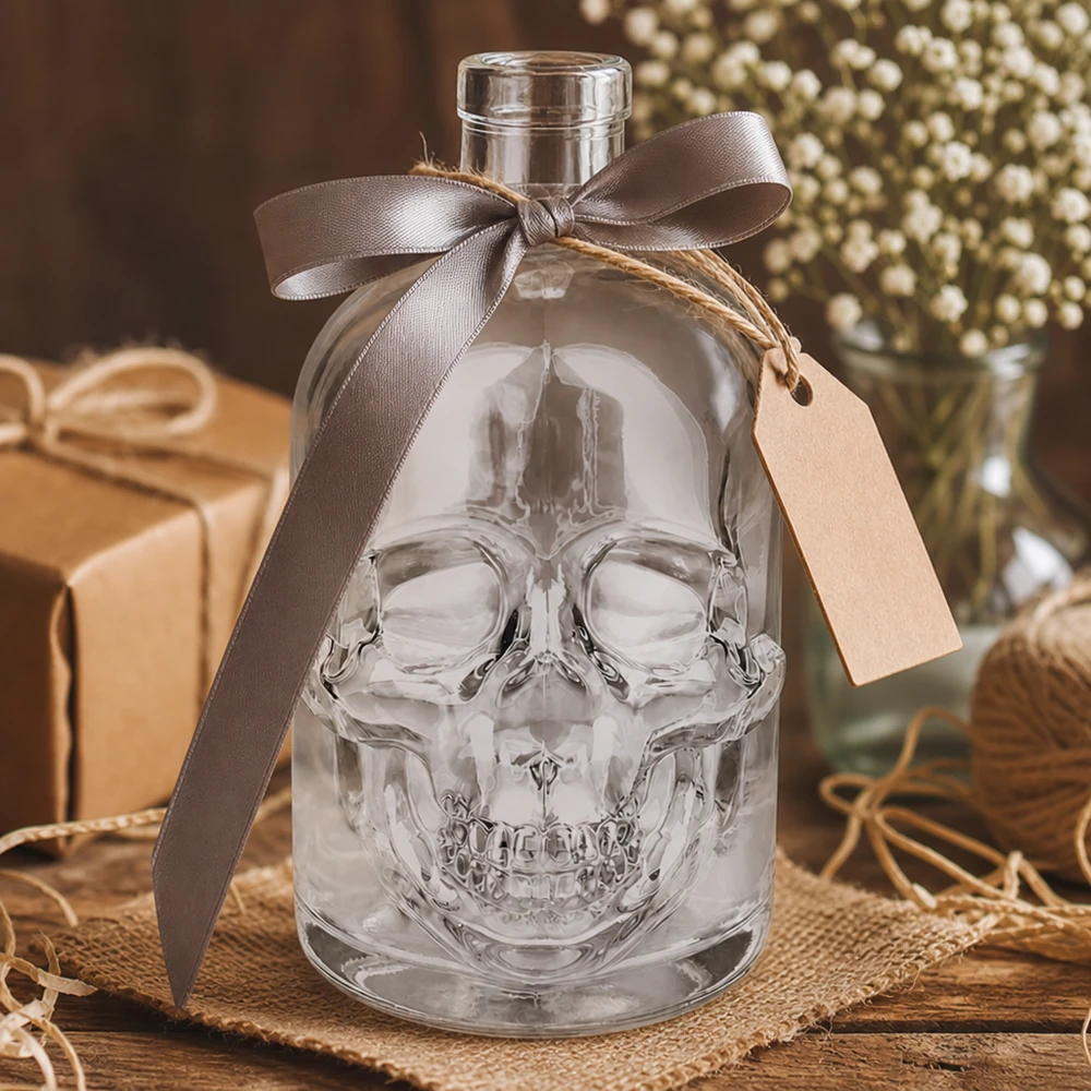 Bouteille en verre Jack de 500 ml avec tête de mort en relief, décorée avec un ruban et un pendentif UNiTWIST, sans bouchon.