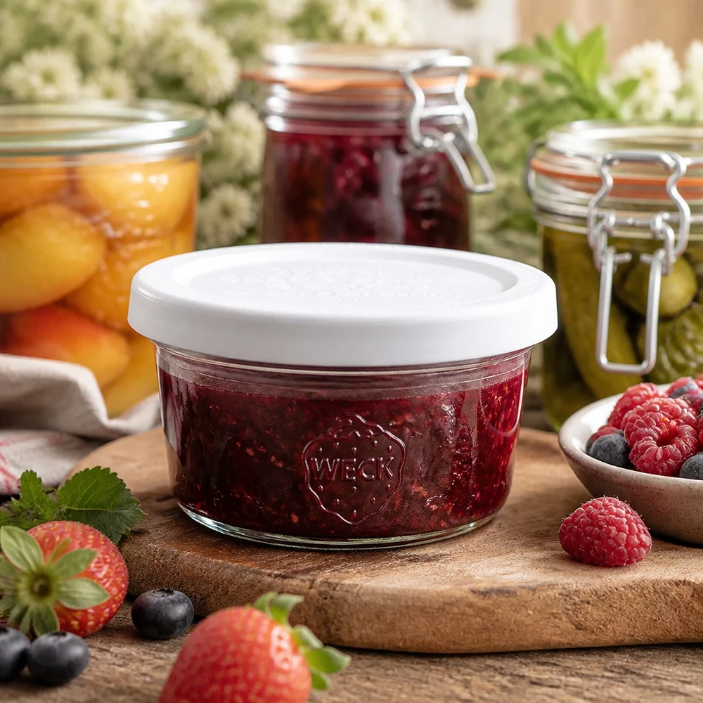 WECK Pot renversé 50ml RR60 rempli de confiture sur planche en bois entouré de baies fraîches et de bocaux