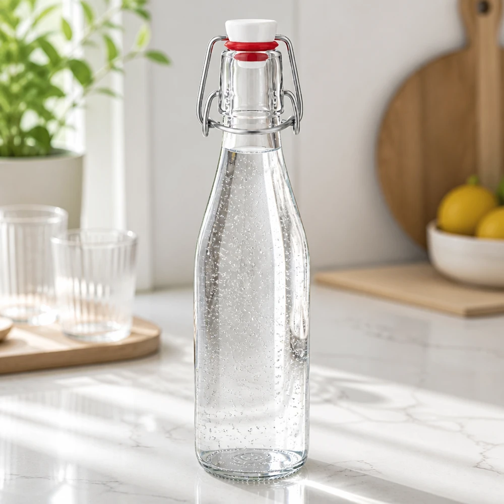 Bouteille en verre de 250 ml avec bouchon à étrier remplie d'eau minérale, plan de travail de cuisine moderne en marbre avec verres