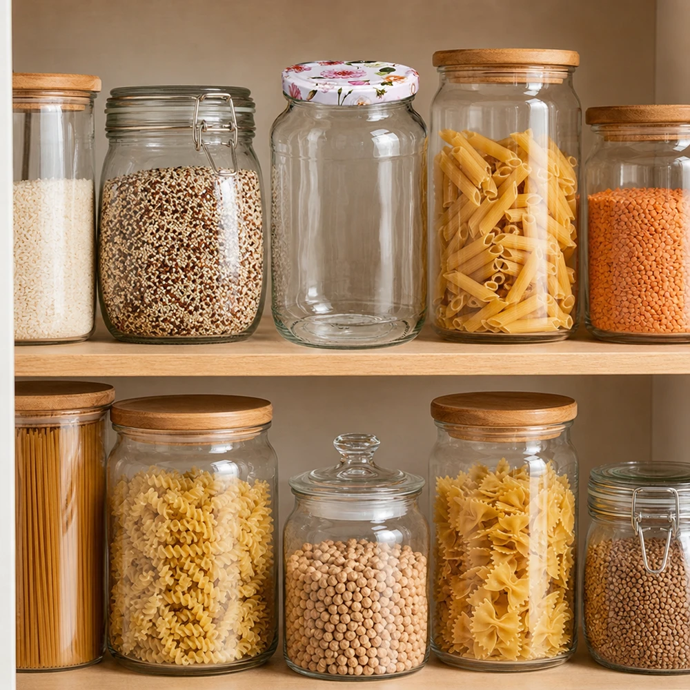 Cuisine de réserve organisée avec bocaux ronds de 1062ml Pâtes Légumes secs Céréales roses Couvercle à fleurs BasicSeal Conservation