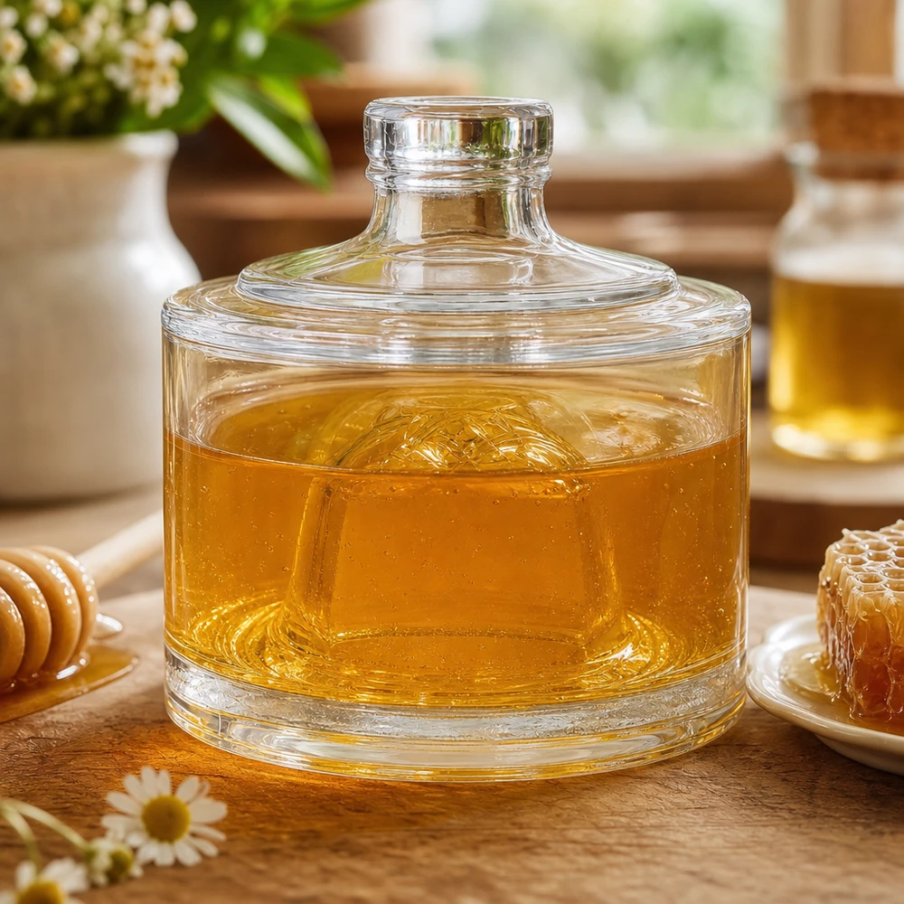 Bouteille en verre 200 ml « Barbara » sans bouchon UNiTWIST® Bouteille en verre de 200 ml Barbara comme pot de miel en nid d'abeille et cuillère en bois dans une atmosphère de cuisine naturelle