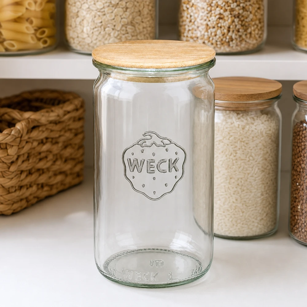 WECK Pot cylindrique 340ml RR60 vide avec couvercle en bois dans une cuisine organisée entre des bocaux à provisions remplis