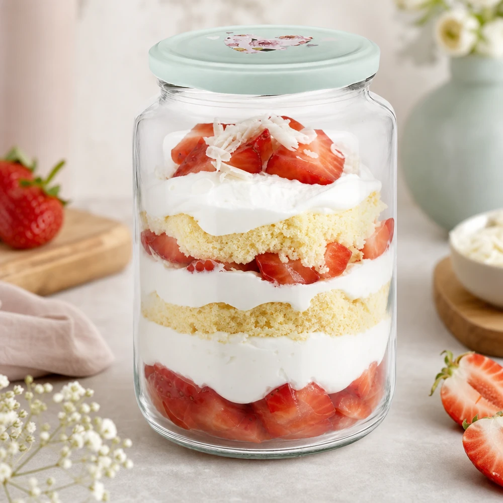 Pot rond de 795 ml + couvercle BasicSeal cur menthe UNiTWIST 795ml Verre rond menthe Couvercle en forme de cœur avec trifle de fraise Dessert en verre stratifié Gâteau Crème Baies Dessert
