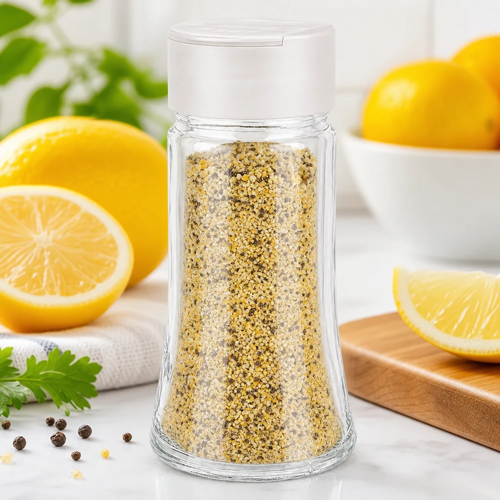 Pot à sel/épices 95 ml avec double saupoudreuse, blanc Poivre au citron dans un bocal à épices transparent de 95 ml, muni d'un couvercle blanc à double saupoudreuse, avec des citrons frais sur le dessus
