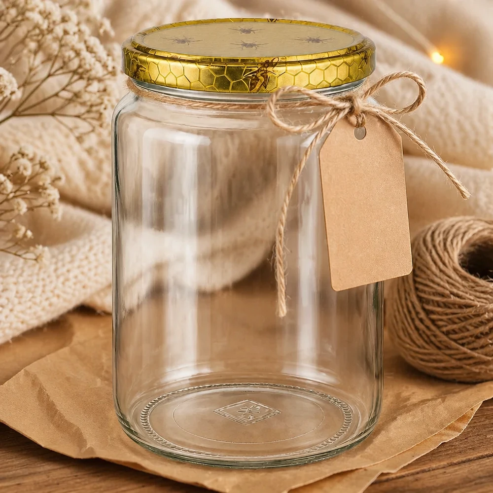 Pot à miel 1000 g avec couvercle motif rayon de miel BasicSeal UNiTWIST Dekorativ präsentiertes 1000g Honigglas mit Bienenwaben-Deckel Bastschnur und Etikett auf Holztisch Geschenkidee