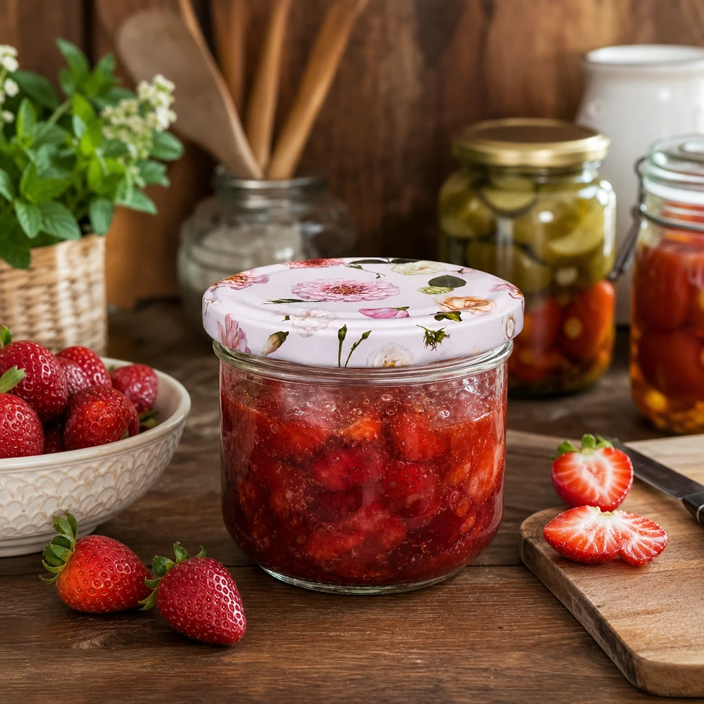 Verres de 260 ml + couvercle BasicSeal fleur rose UNiTWIST Pot de conservation 260ml avec couvercle à fleurs rempli de confiture de fraises - Pot renversé pour confiture et marmelade de cuisine