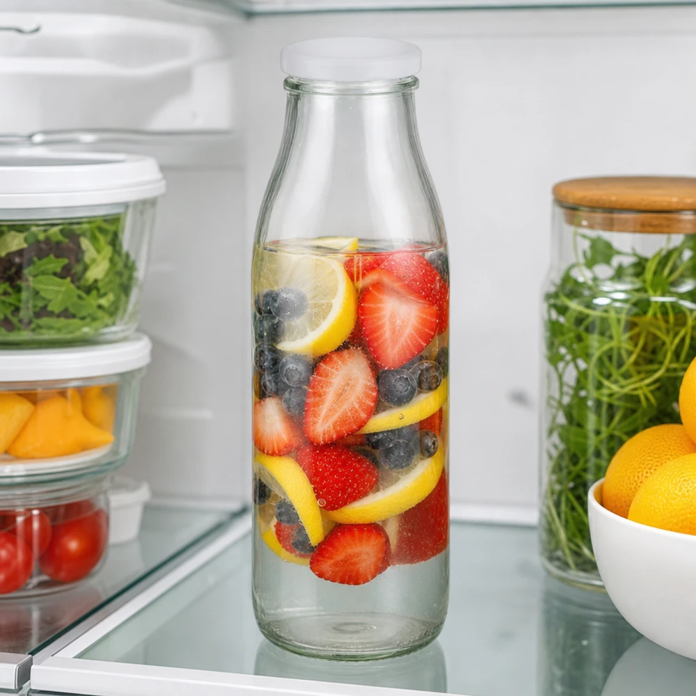 500ml Bouteille avec couvercle BasicSeal blanc UNiTWIST Bouteille en verre de 500 ml avec couvercle BasicSeal pleine d'eau infusée aux baies et au citron à conserver au réfrigérateur entre deux aliments frais.