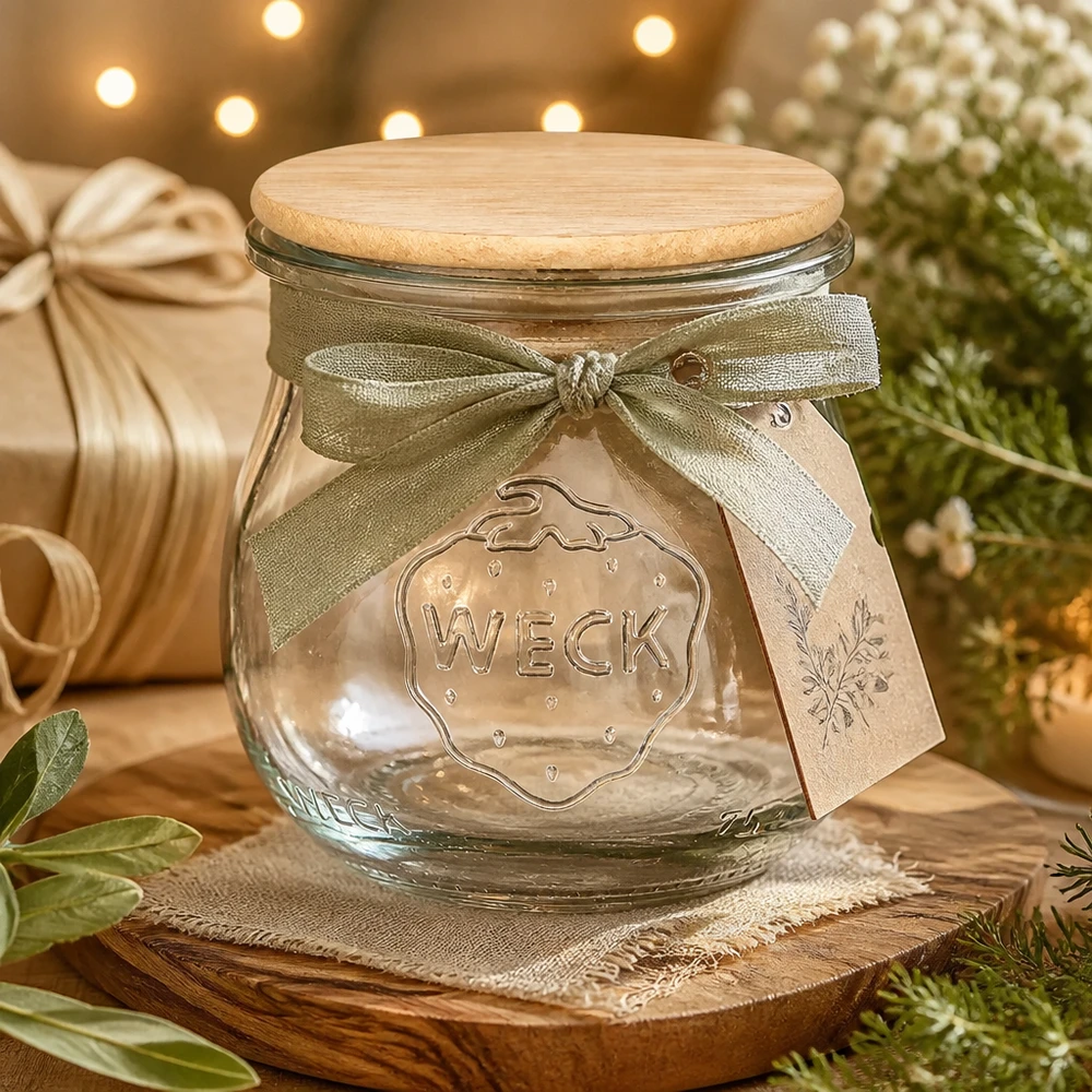 Pot tulipe 75ml WECK RR40 avec couvercle en bois WECK Tulpenglas 75ml mit Holzdeckel als Geschenkverpackung dekoriert mit Schleife für Marmelade und Konfitüre