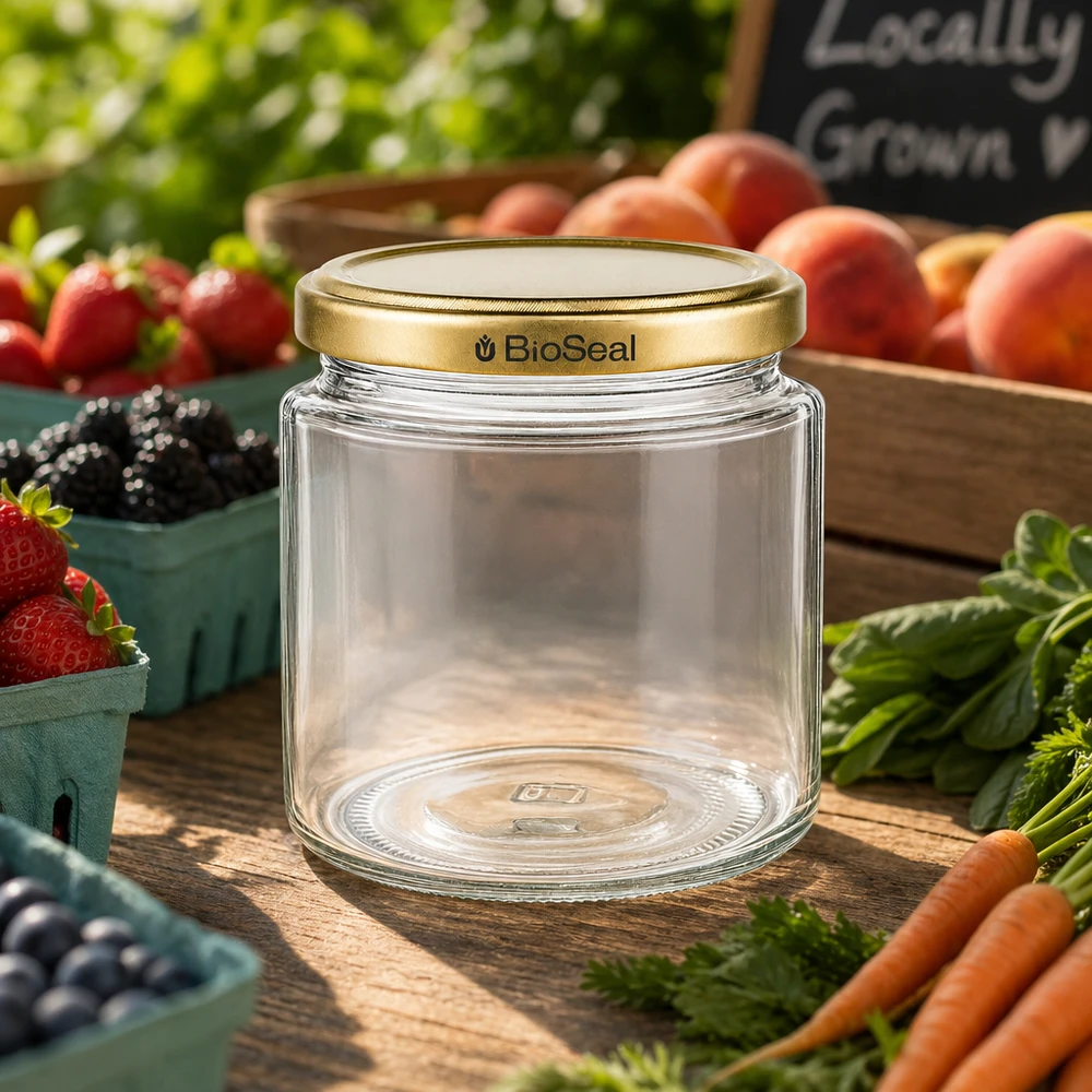 Pot à miel 350 g avec couvercle doré BioSeal UNiTWIST BioSeal pot de miel de 250ml sur un étal de marché avec des fruits et légumes frais, couvercle doré UNiTWIST pour la mise en conserve