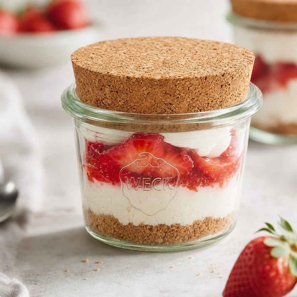 Petit bocal WECK avec bouchon naturel présenté avec un dessert