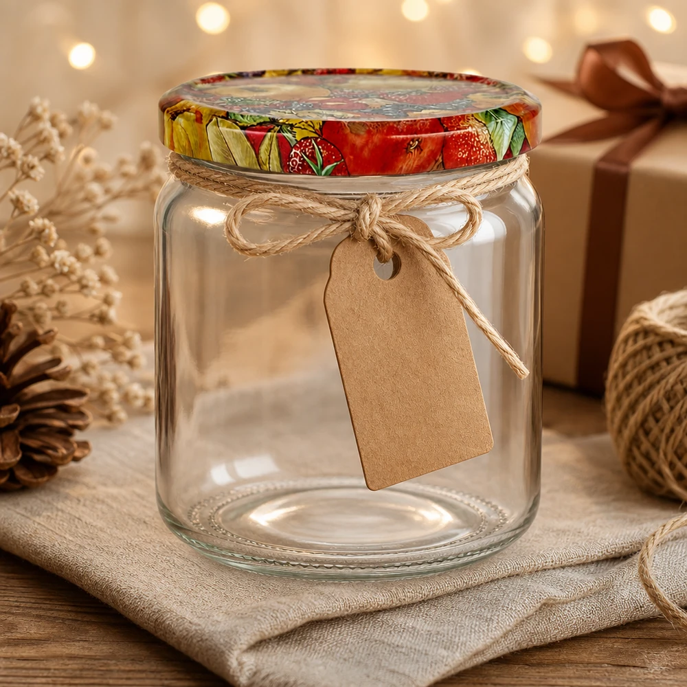 408ml Verre rond avec couvercle BasicSeal décor fruits UNiTWIST Bocal rond vide de 408ml avec couvercle BasicSeal Décor de fruits comme idée de cadeau décoré avec un pendentif en papier kraft et une ficelle de jute