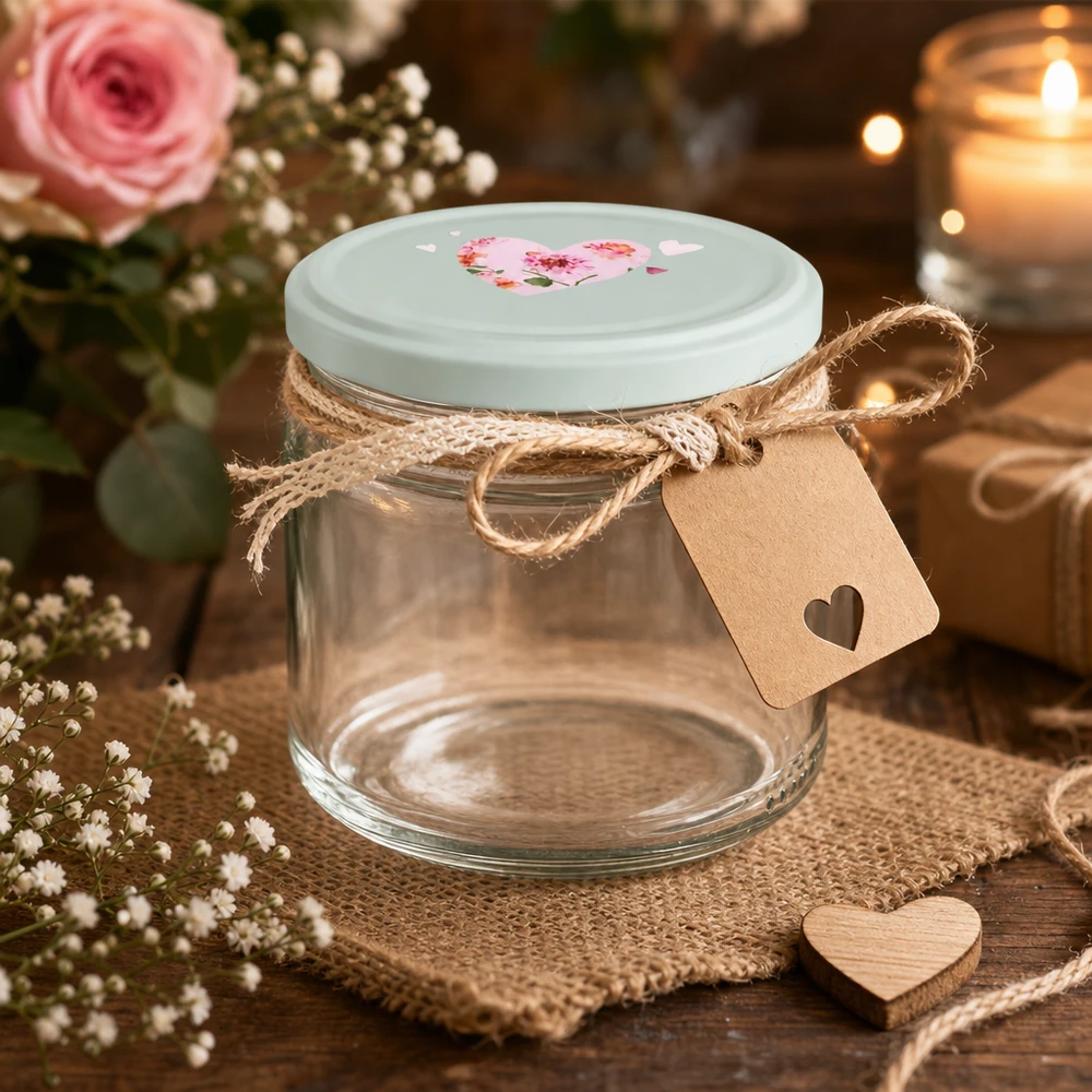 Bocal rond de 330 ml + couvercle BasicSeal cur menthe UNiTWIST 330ml pot rond vide décoré avec une corde de jute pendentif coeur BasicSeal couvercle menthe emballage cadeau pot à conserve