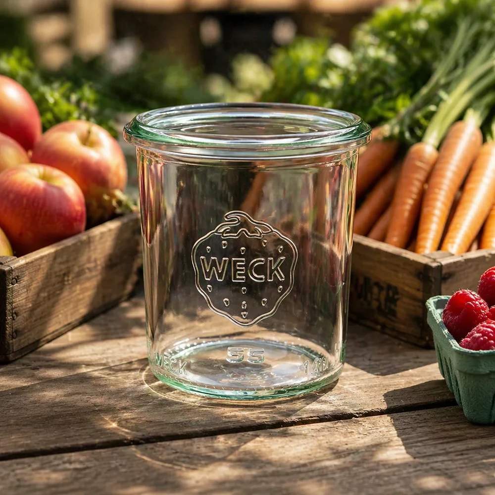 140ml bocal conique WECK RR60 140ml WECK Pot renversé RR60 Pot de conservation sur table en bois avec fruits et légumes frais en arrière-plan