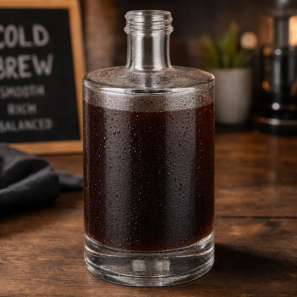 Bouteille en verre de 500ml Sam remplie de café Cold Brew Condensation Gouttes d'eau Café Ambiente Support en bois