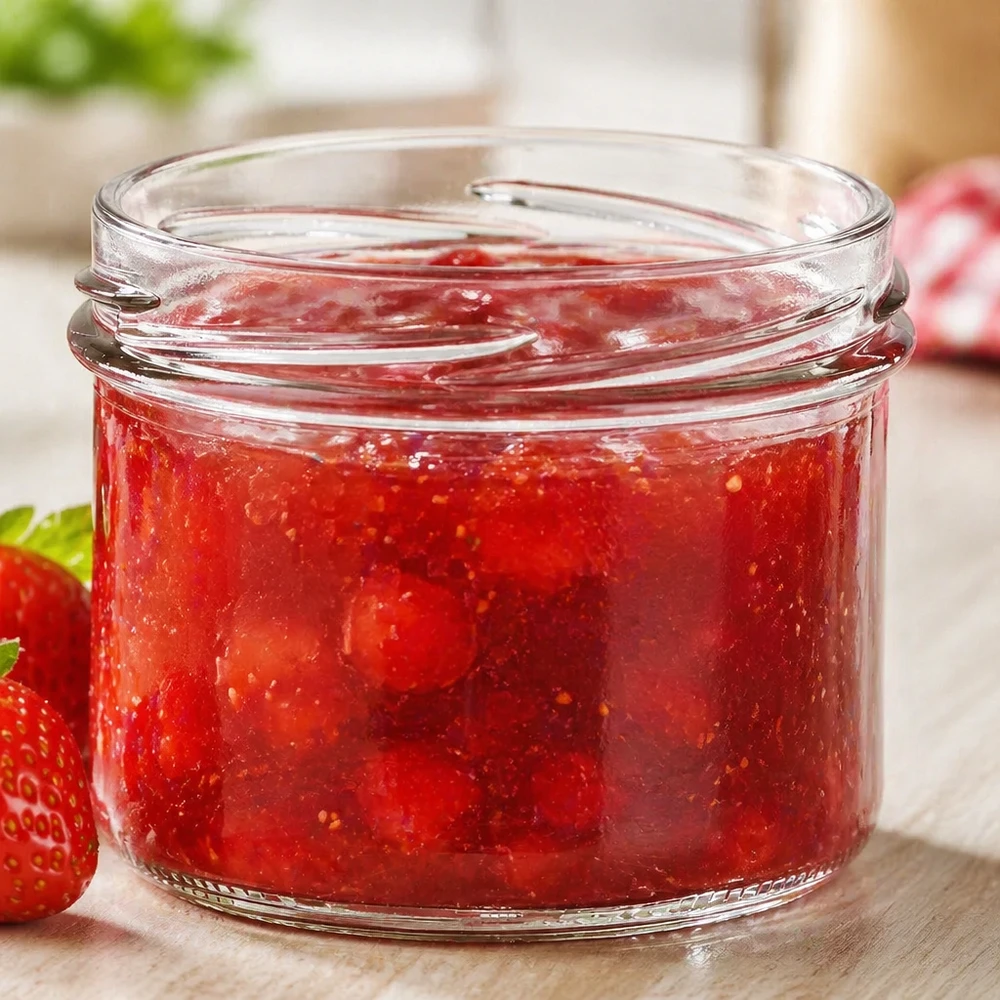 UNiTWIST Sturz225 Verre renversé 225ml TO82 rempli de confiture de fraises rouges sur table en bois avec fraises fraîches