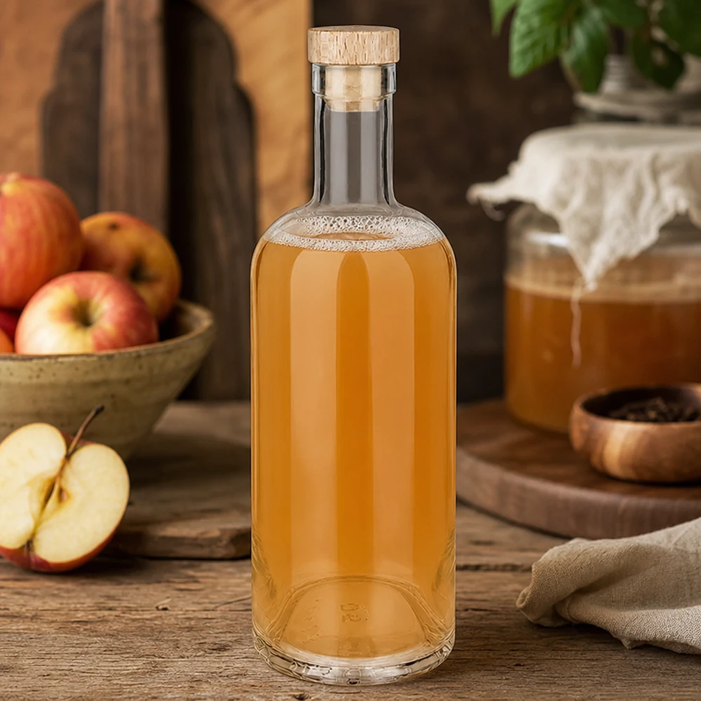 Bouteille en verre 750 ml « Emma » avec bouchon en bois UNiTWIST® 750ml Glasflasche Emma mit Holzkorken gefüllt mit Apfelsaft inmitten herbstlicher Apfel-Deko auf rustikalem Holztisch
