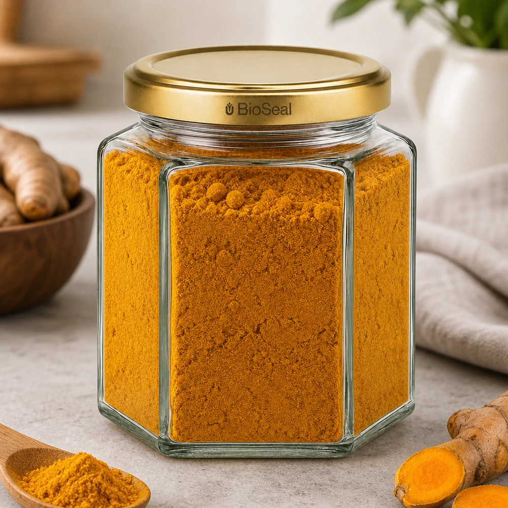 UNiTWIST Hexa390 Bocal à épices avec couvercle BioSeal doré rempli de poudre de curcuma à côté de racines de gingembre frais