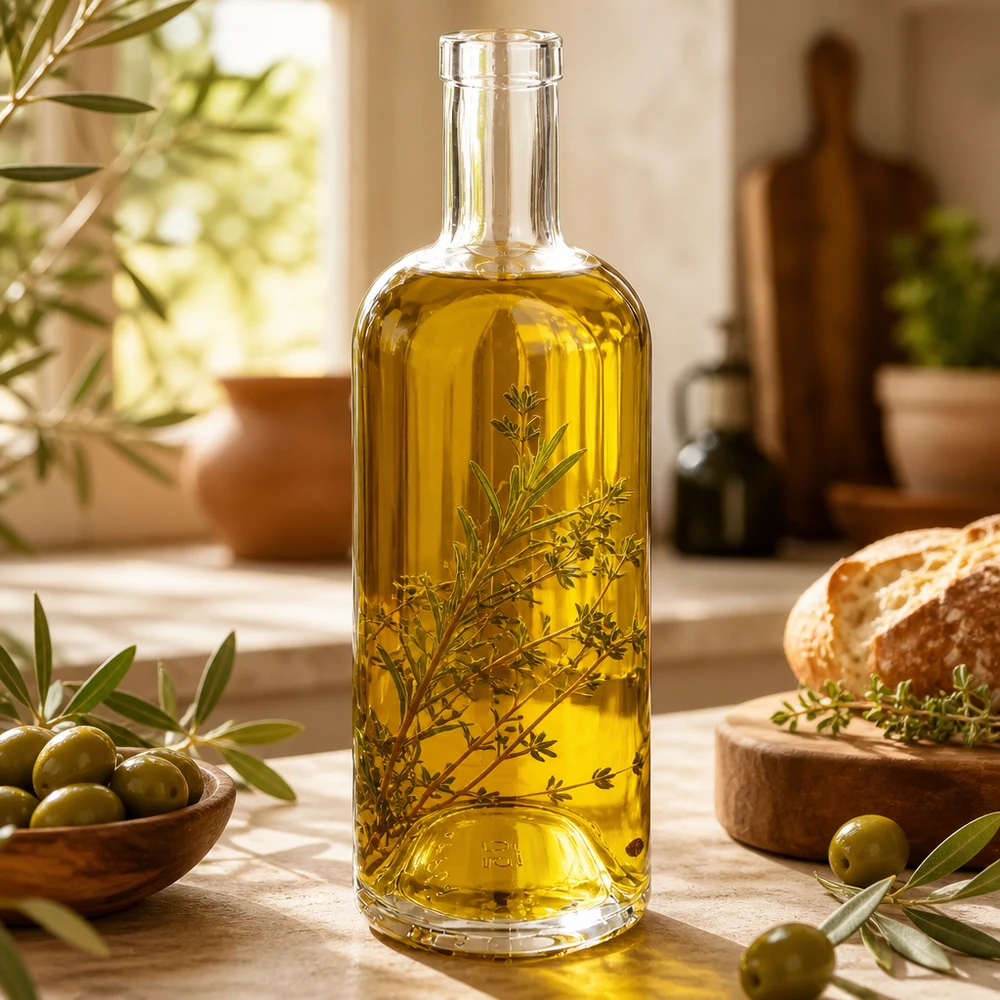 Flacon en verre 750 ml « Emma » sans bouchon UNiTWIST® Bouteille en verre Emma de 750 ml remplie d'huile d'olive et d'herbes aromatiques à côté d'un pain aux olives et d'une décoration méditerranéenne