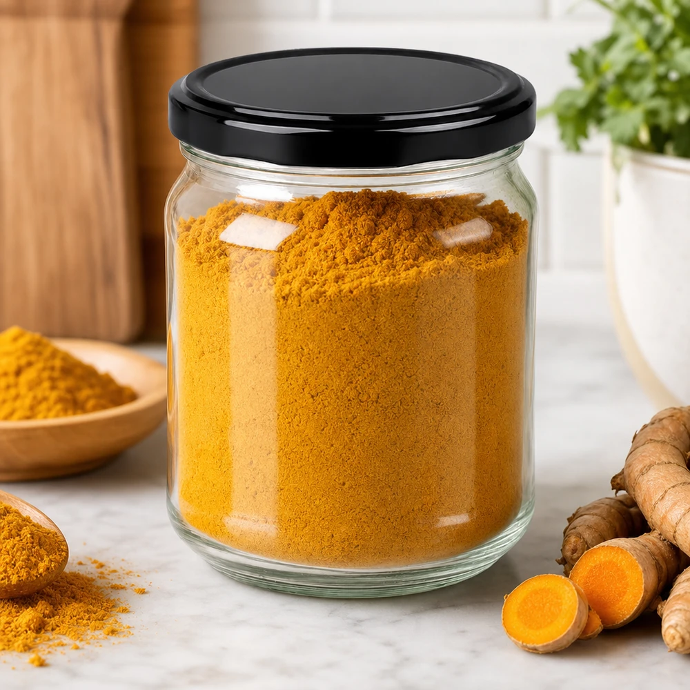 212ml Verre rond avec couvercle BasicSeal noir UNiTWIST 212ml pot rond avec couvercle noir rempli de poudre de curcuma dans un environnement de cuisine avec des racines de curcuma fraîches
