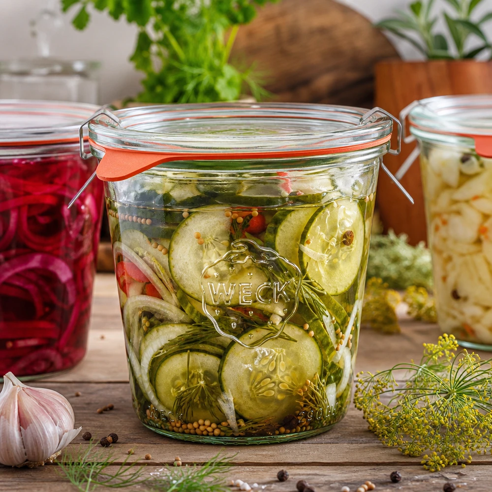 WECK Pot renversé 290ml RR80 avec cornichons marinés et épices à côté d'autres bocaux sur une surface en bois