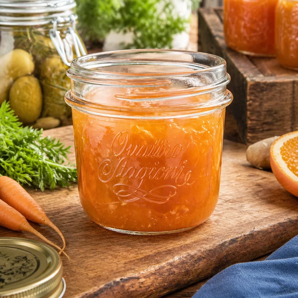 200ml Verre rond "Quattro Stagioni" QS86mm 200ml Quattro Stagioni Pot de confiture orange sur planche en bois à côté de carottes et de concombres