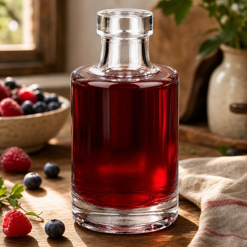Bouteille en verre 100 ml « Marie » sans bouchon UNiTWIST® Bouteille de verre Marie de 100 ml remplie de sirop de baies rouges à côté de framboises et de myrtilles fraîches sur une table en bois