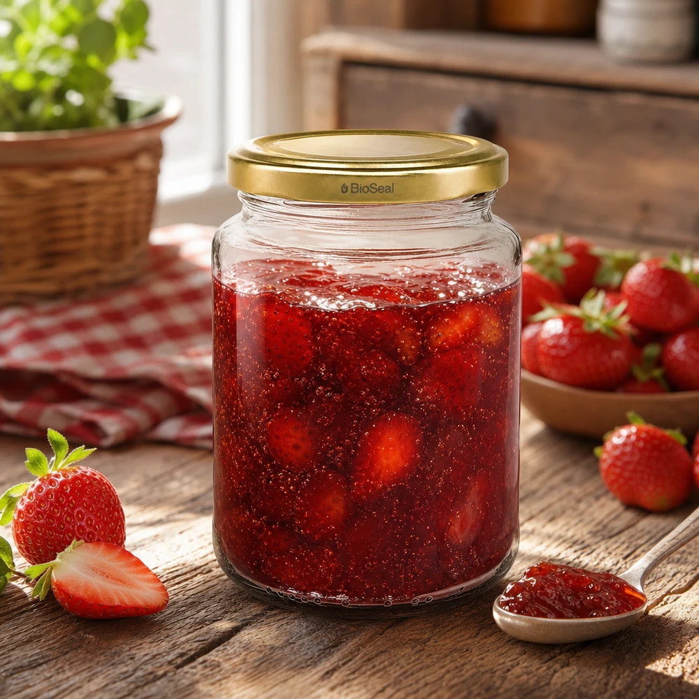 382ml Verre rond avec couvercle BioSeal or UNiTWIST UNiTWIST Runda382 fourré à la confiture de fraise, TO66 BioSeal couvercle doré, confiture faite maison sur table en bois