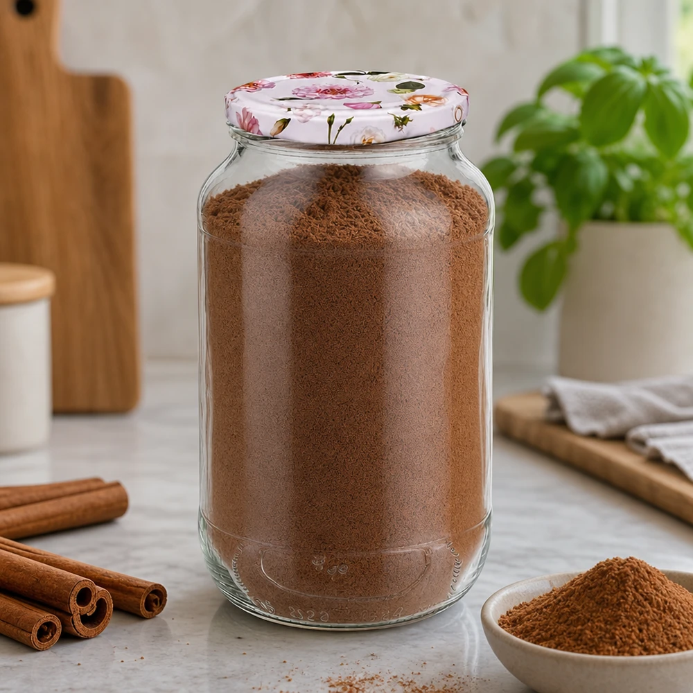 Épices à la cannelle en pot rond de 1062 ml avec couvercle à fleurs rose BasicSeal Bâtons de cannelle Ambiance cuisine Conservation des épices