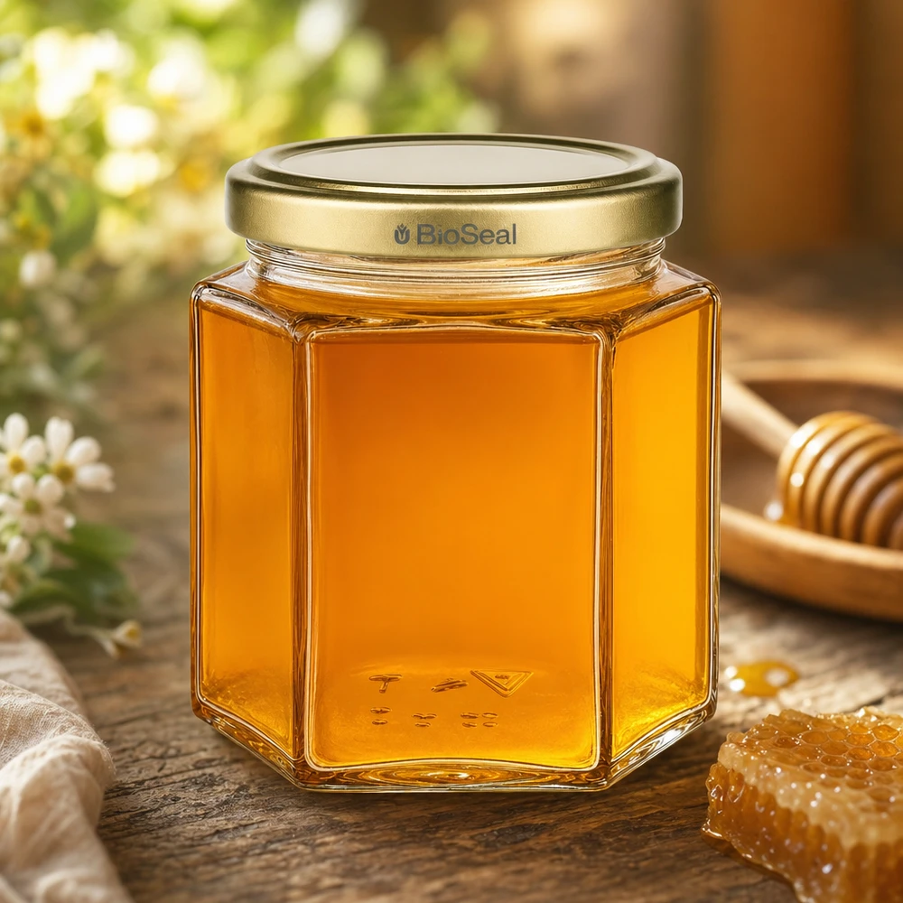 Pot à miel 520 g avec couvercle doré BioSeal UNiTWIST Pot de miel hexagonal de 520g avec couvercle BioSeal Gold rempli de miel naturel à côté du rayon et de la cuillère à miel