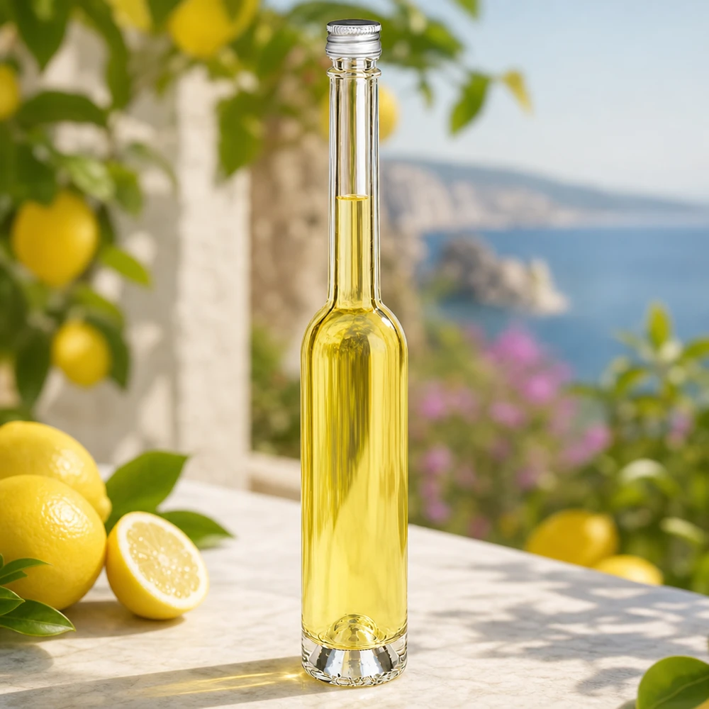 Bouteille en verre 100 ml « Toni » sans bouchon à vis UNiTWIST® Bouteille en verre Toni de 100 ml avec bouchon à vis argenté - forme étroite et élégante pour Limoncello