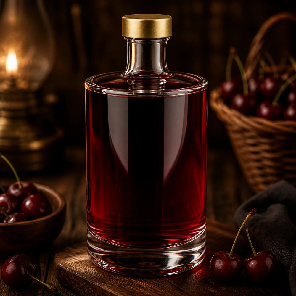 Bouteille en verre 500 ml « Sam » + bouchon à vis doré UNiTWIST® Bouteille en verre Sam de 500 ml remplie de liquide rouge à la cerise Bouchon doré UNiTWIST Décoration cerises Lumière chaude
