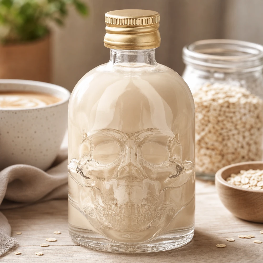 Bouteille en verre Hector de 50 ml avec relief de tête de mort et bouchon doré dans un environnement de cuisine naturel avec flocons d'avoine