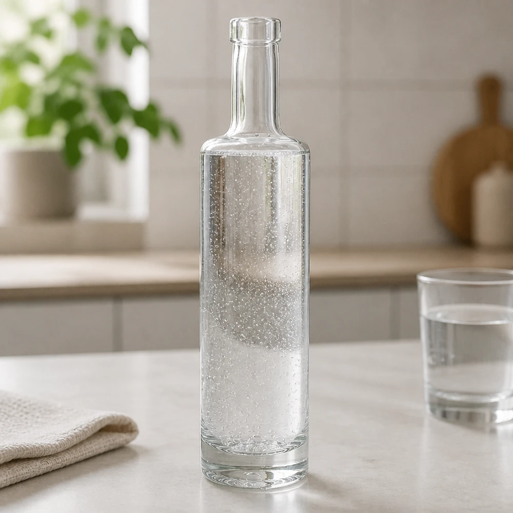 Flacon en verre 500 ml « Lina » sans bouchon UNiTWIST® 500ml Glasflasche Lina mit sprudelndem Wasser gefüllt in modernem Küchenambiente mit Wasserglas und Textil-Deko