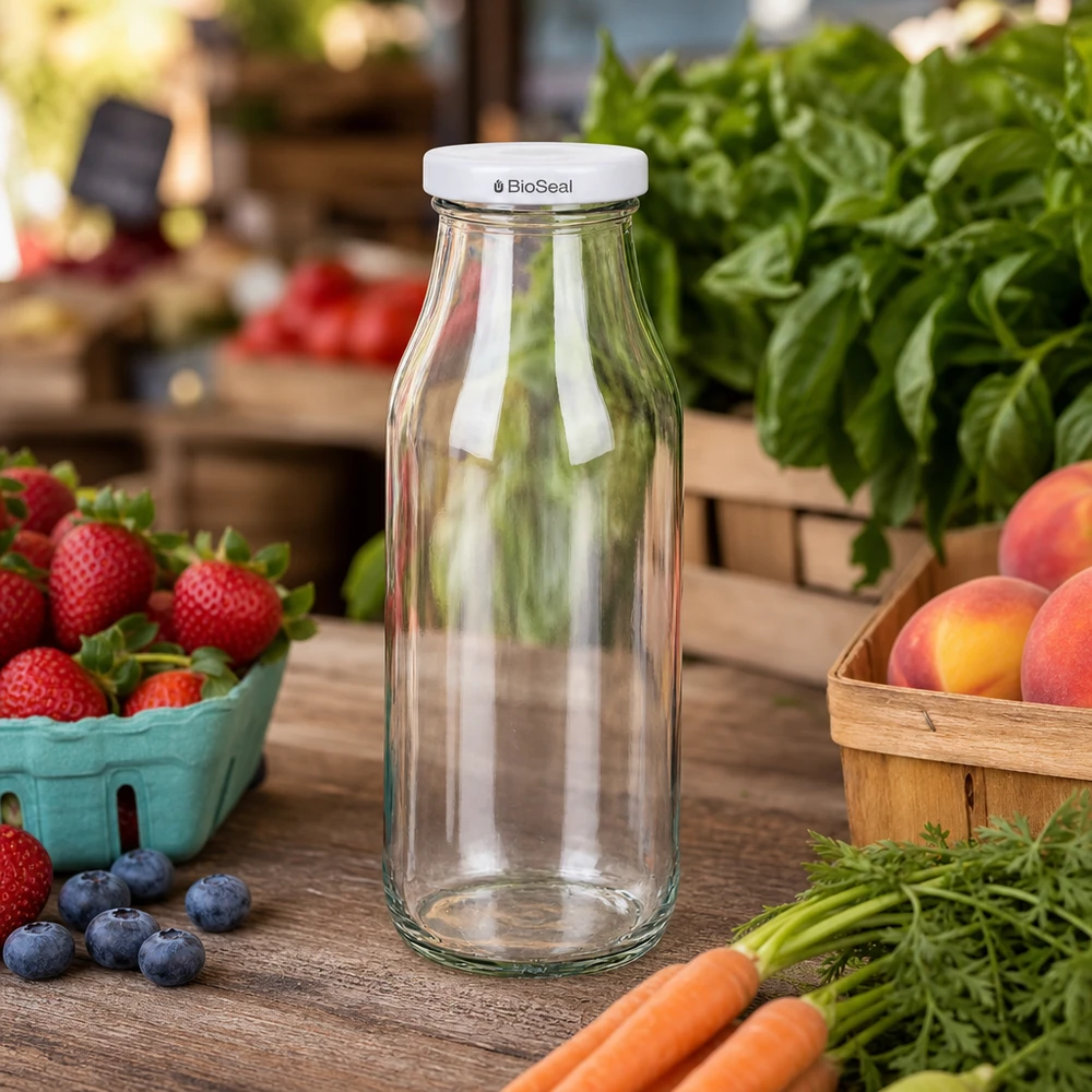 UNiTWIST Bottle263 Bouteille en verre vide parmi des fruits et légumes frais sur une table en bois dans une scène de cuisine naturelle