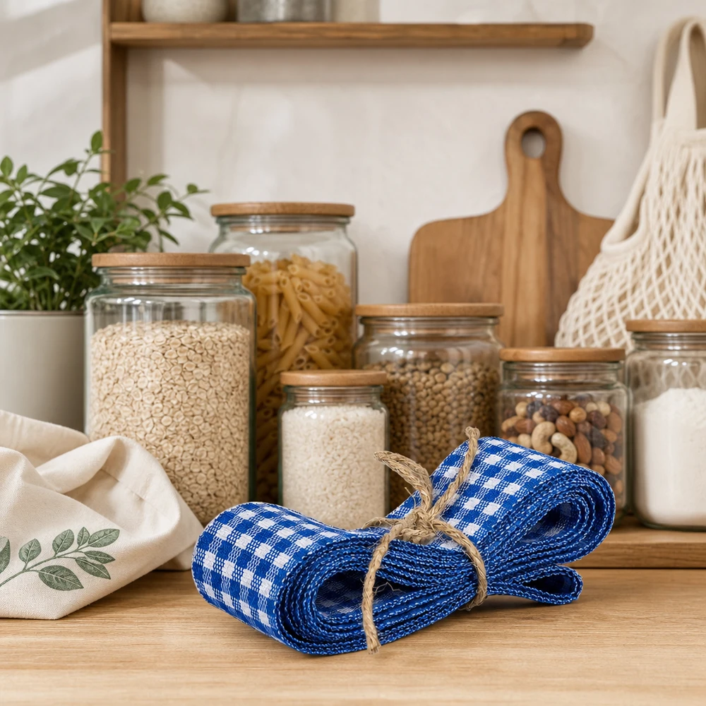 Ruban en tissu bleu et blanc pour la décoration, 300 cm Bande de tissu à carreaux bleu blanc 300cm avec corde de jute sur comptoir en bois entre les bocaux à provisions et les ustensiles de cuisine