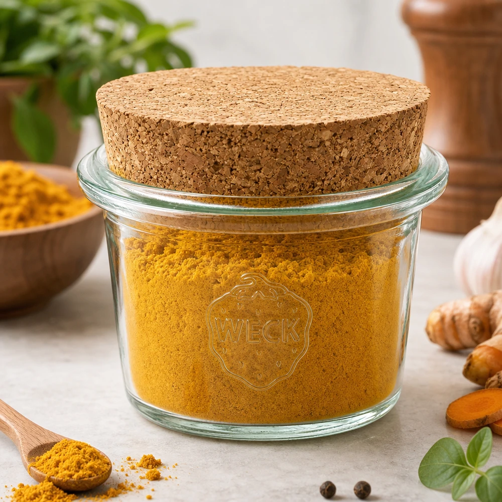 WECK Pot renversé RR40 35ml avec bouchon rempli de poudre d'épices de curcuma entourée d'épices et d'herbes fraîches