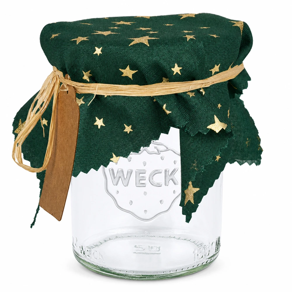 Cache-bijoux en tissu vert avec étoiles dorées sur bocal, 15cm carré, cache-confiture avec ruban en raphia