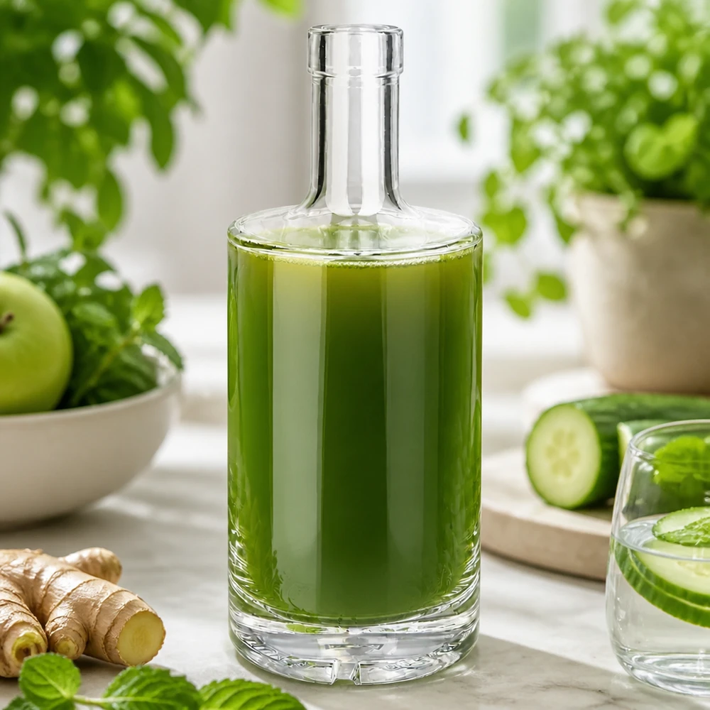 Bouteille en verre Nora 500ml remplie de jus vert à côté de gingembre et de concombre dans la cuisine UNiTWIST
