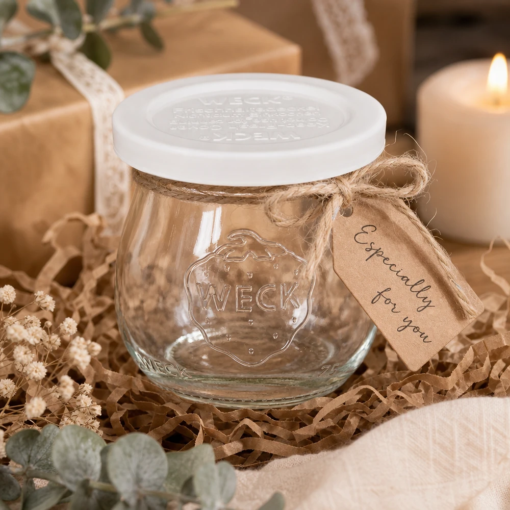 75ml bocal tulipe avec couvercle fraîcheur WECK RR40 WECK Pot tulipe 75ml RR40 comme cadeau emballé de manière décorative avec un pendentif en papier kraft et un ruban de jute sur bois