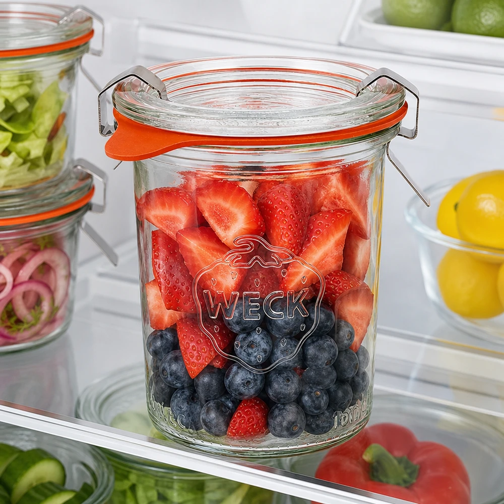 160ml bocal conique complet WECK RR60 WECK Pot renversé 160ml RR60 rempli de baies fraîches dans le réfrigérateur permet une conservation et un stockage optimaux.