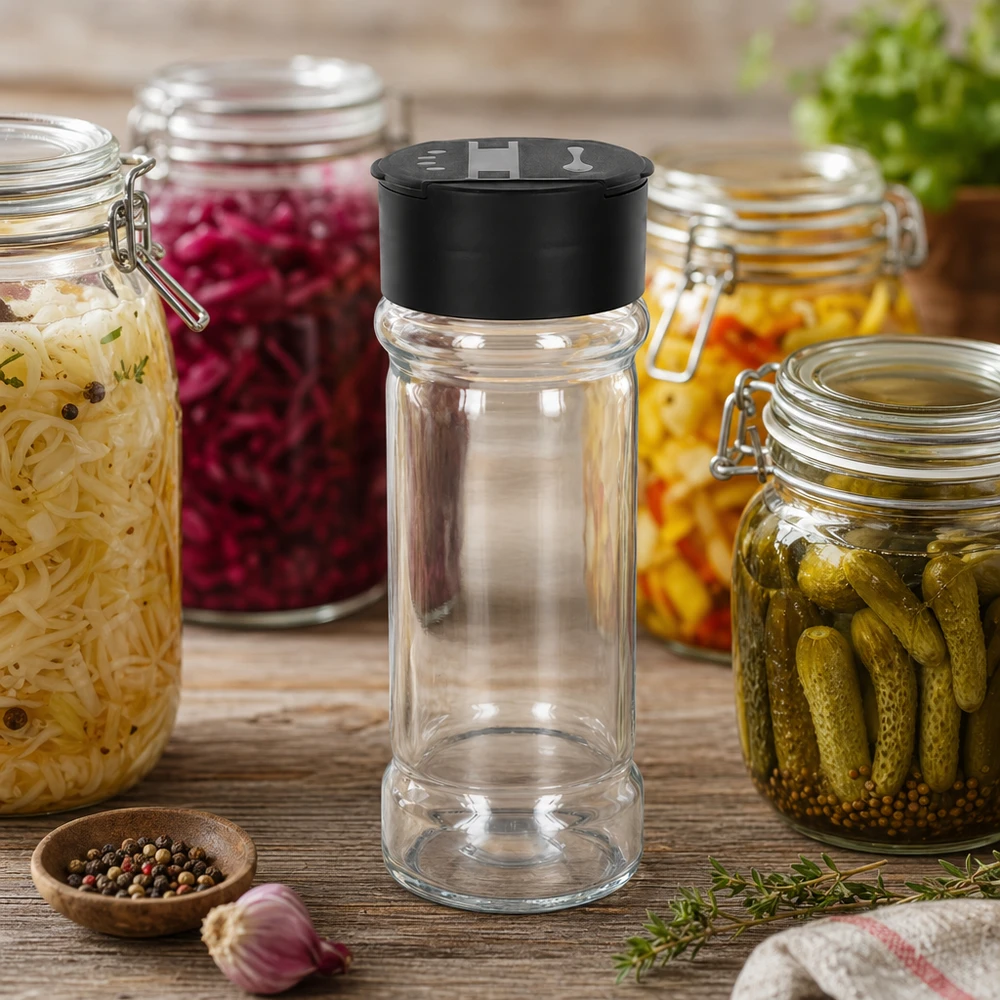 Pot à sel/épices 100 ml avec double saupoudreuse, noir Petite salière en verre de 100 ml avec un couvercle en plastique noir, parmi des légumes marinés