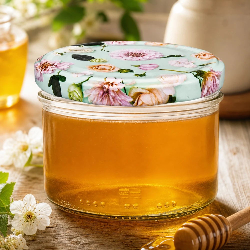 Pot de miel 230ml avec couvercle décoratif BasicSeal fleur menthe - miel doré avec cuillère en bois et décorations florales