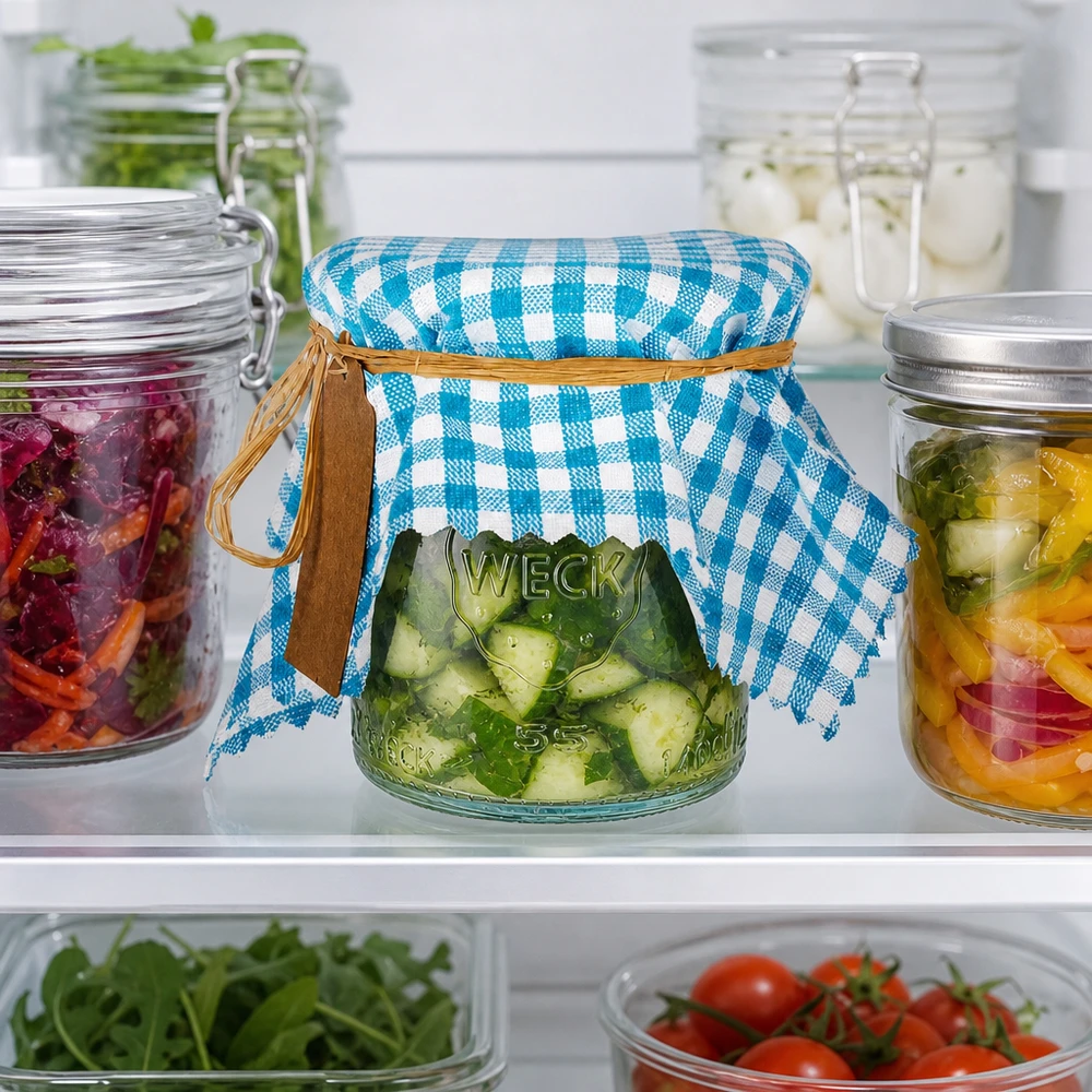Couvre-bijoux en tissu à carreaux turquoise dans le réfrigérateur avec des bocaux remplis de cornichons et de légumes colorés
