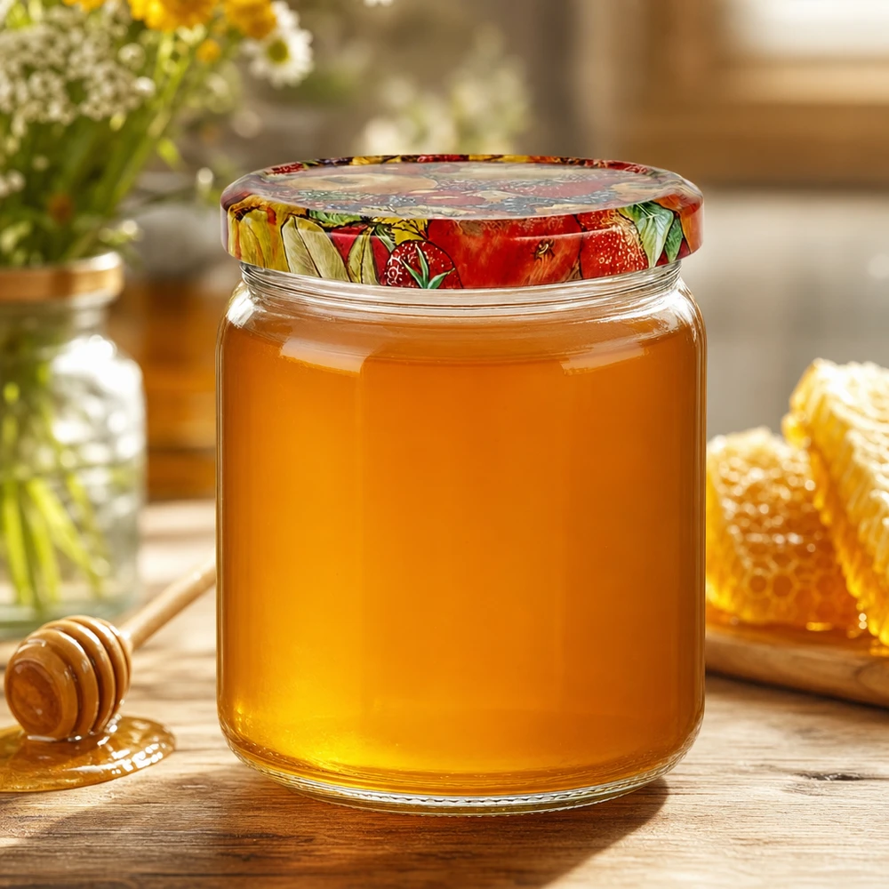 408ml Verre rond avec couvercle BasicSeal décor fruits UNiTWIST Pot rond de 408 ml rempli de miel Couvercle BasicSeal Décor de fruits Pot de conservation pour pâtes à tartiner sucrées et confitures